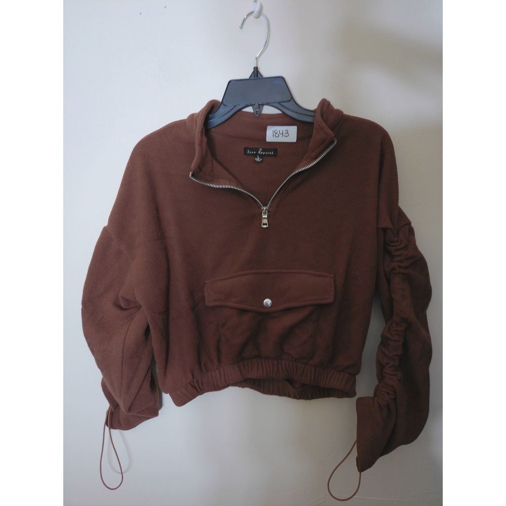 Icon Apparel Fleece Quarter Zip Pullover Womens L Brown Cropped Ruched Utility